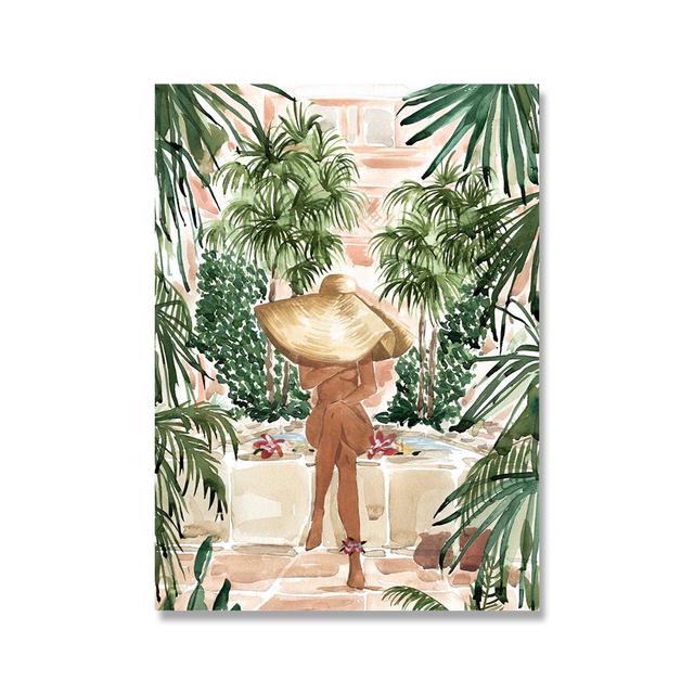 Tropical Summer Woman Art Boho Chic Watercolor Jungle Print Canvas Painting Living Room Bath Wall Home Decor Poster Pictures
