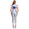 Womens Metallic Iridescent Alien Jumpsuit Fly Sleeve Leggings Unitard Space Cosplay Costume