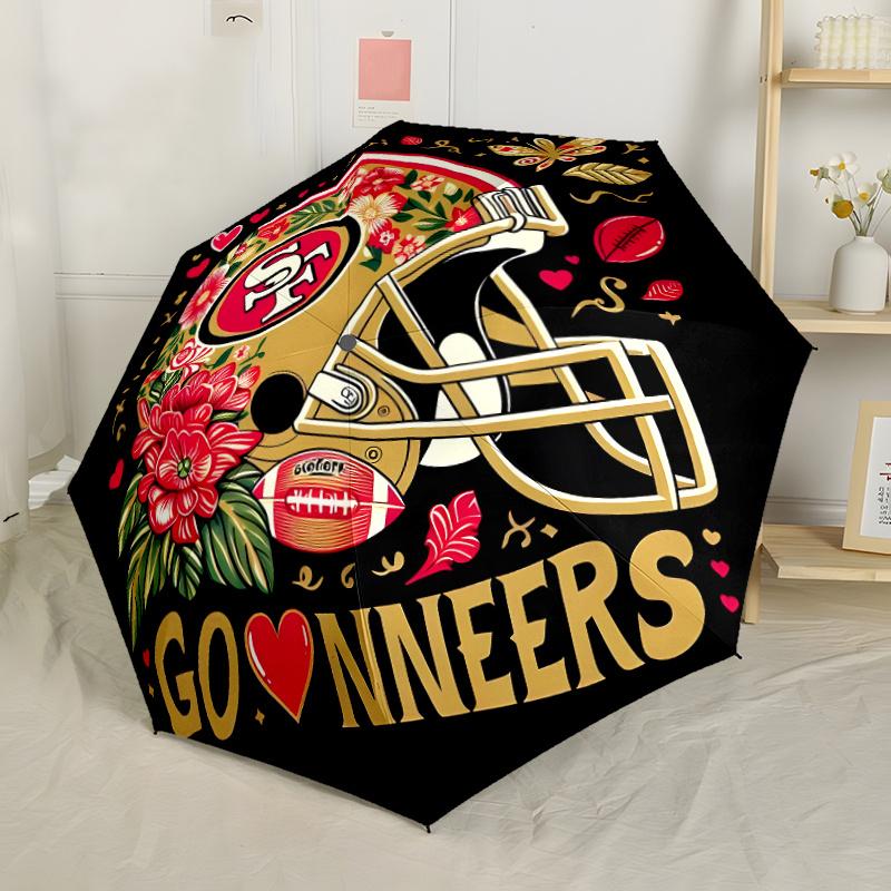 Floral Helmet Design With Team Spirit Elements Automatic Umbrella With Folding Feature Compact 8Rib Lightweight Compact Design Perfect For Outdoor