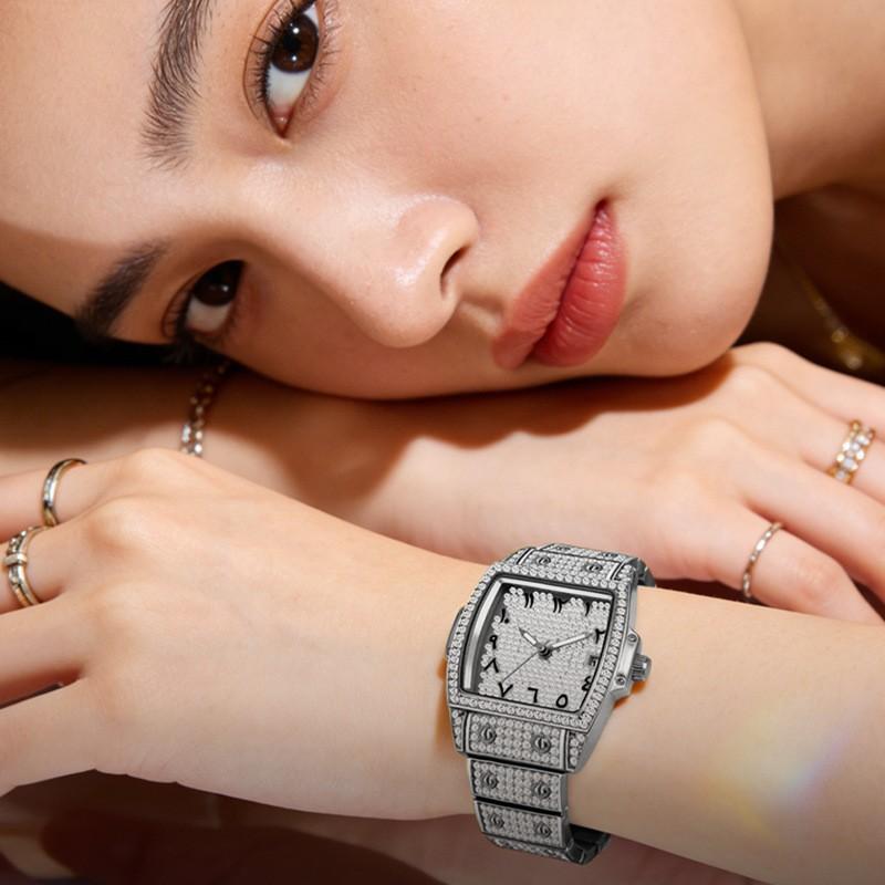 Men Women Diamond Watch Tonneau Bling Quartz Wristwatch Luminous Hands Waterproof Fashion Dress Watches