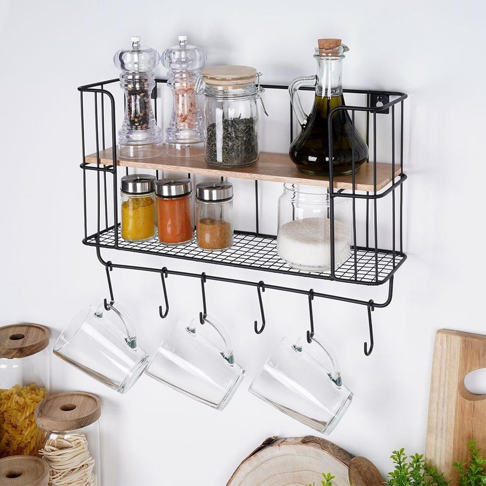Black Wall Shelf with Hooks 41x12cm