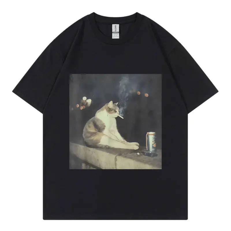 Крутой Кот Мода Повседневная Футболка с коротким рукавом Streetwear Унисекс Харадзюку Y2K Мода Повседневная Свободная Хлопковая Летняя Новая Футболка