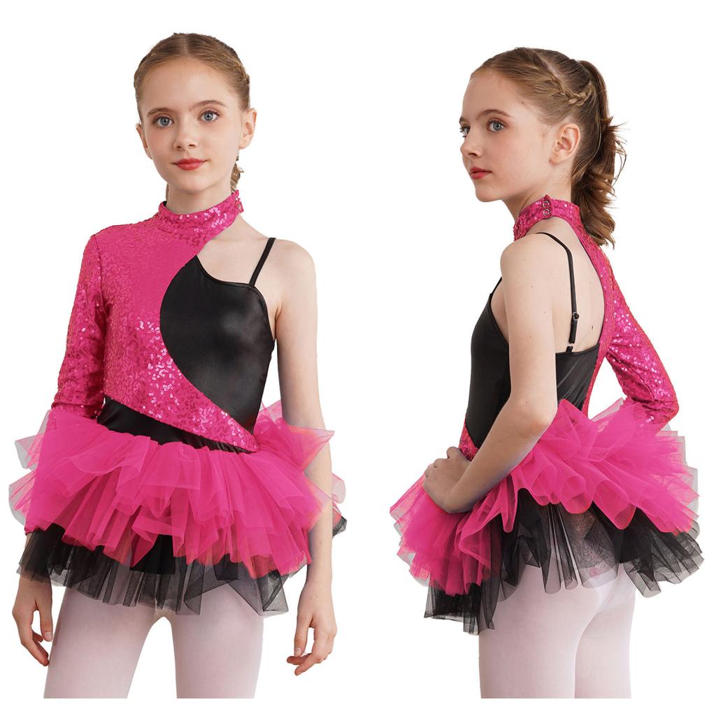 Kids Girls Shiny Sequin Jazz Latin Dance Dress Asymmetrical Sleeves Tulle Party Dress Ballet Dance Leotard Dress