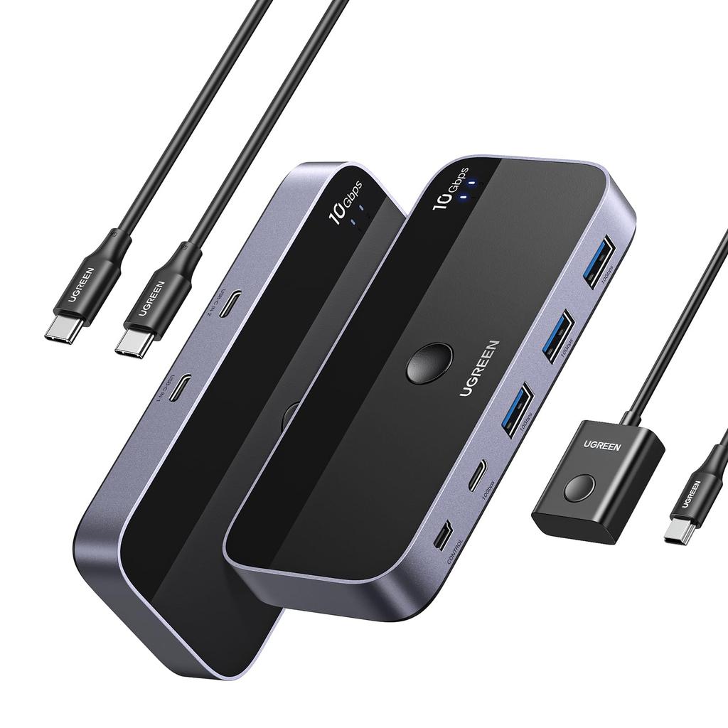 UGREEN 10 Гбит/с USB-переключатель для общего доступа к устройствам между двумя компьютерами, для переключателей, совместимый с двумя, включает два кабеля, удаленный USB-C переключатель, 3.2, USB-C и ПК,
