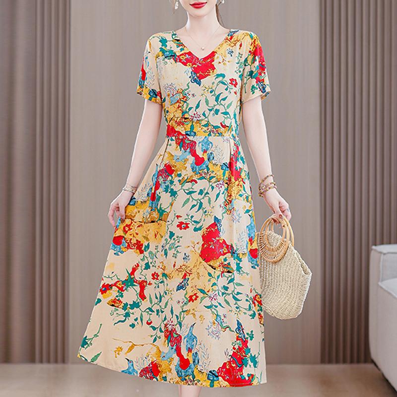 Длинное платье с винтажным принтом для женщин, повседневное летнее платье больших размеров с коротким рукавом и поясом, одежда для женщин среднего возраста