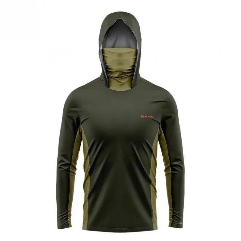 Mens Camo Fishing Shirt With Hood Face Cover Quick-Dry Long Sleeve UPF Sun Protection Bass Trout Fly
