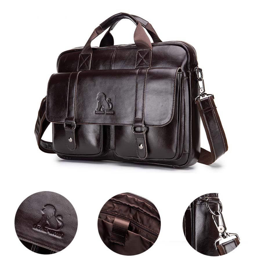 Деловой мужской портфель LAOSHIZI из натуральной кожи для компьютера с ручками и длинным наплечным ремнем