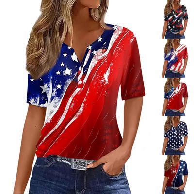 Женская футболка с принтом «День независимости» на пуговицах с коротким рукавом, повседневная, выходного дня, модная, базовая, с V-образным вырезом, обычная
