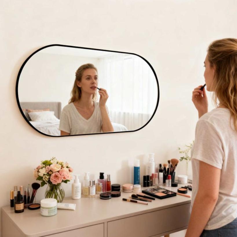 Modern Capsule Wall Mirror, Rounded Rectangle Bathroom Vanity Mirror, Horizontal Vertical Hanging, Black