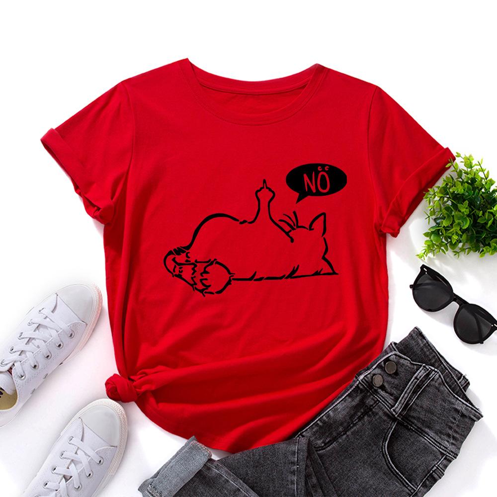Cat No Cartoon Pattern Cotton T-Shirt Short Sleeve Round Neck Women 2d Print Tops