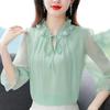 Women's Summer Five-quarter Sleeve Temperament Chiffon Shirt Solid Colour Design Lady Tie Blouse