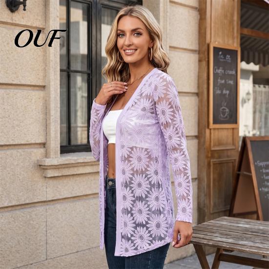 Women Lace Cardigan Cardigan, Open Front Long Sleeve Beach Cover-Up, Sheer Lady Floral Kimono Shrug, Lightweight Summer Casual Top