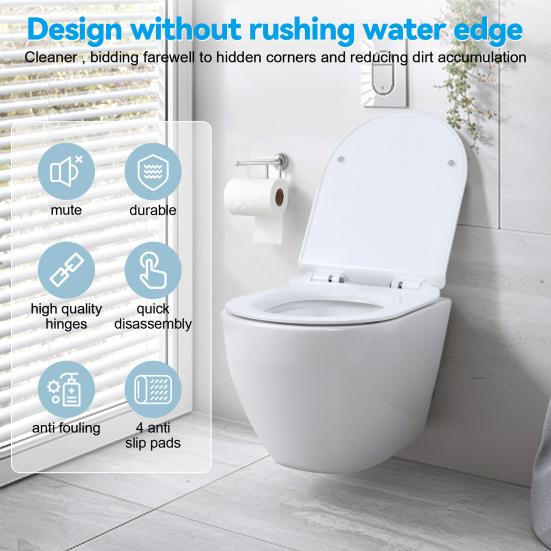 Rimless Wall Hung Toilet, Wall Mounted Toilet Bowl with Soft Closing Seat, Space Saving Round Floating Toilet with 360-degree Single Hole Super Swirl