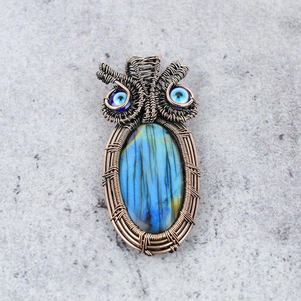 Labradorite & Blue Evil Eye Pendant, Handmade Gemstone 999 Copper Wire Wrapped Pendant Antique Jewelry, For Gift Silver Jewelry