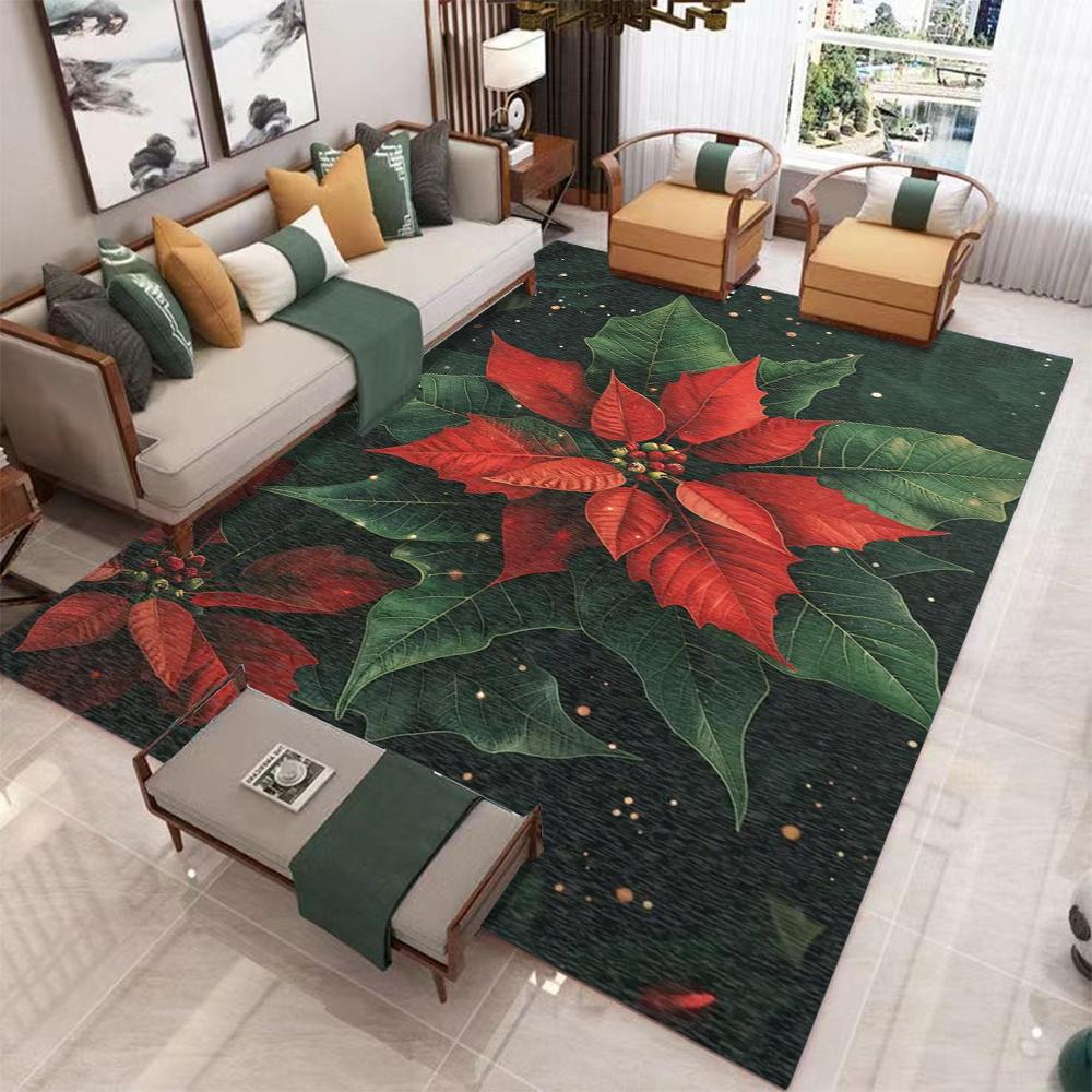 Poinsettia Area Rug Christmas Art Deco Style, Holiday Home Decor Rugs for Bedroom Living Room Winter Carpet for Dining Room