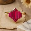 Geometric Ruby Red Gemstone Ring, Yellow Gold Plated 925 Sterling Silver, Art Deco Statement Jewelry, Anniversary Gift for Her
