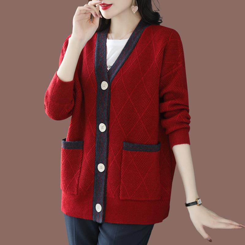 Вязаный кардиган Женский свитер-жакет Весна и осень Свободный свитер с V-образным вырезом Топ