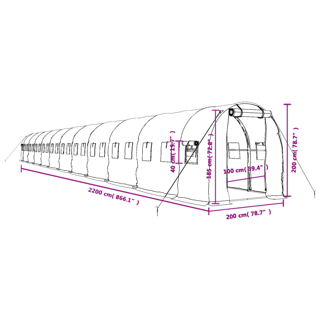 Greenhouse with Steel Frame White 44 m² 22 x 2 x 2 m