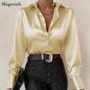 Elegant Green Silk Blouse Women Autumn 2022  Button Down Long Sleeve Satin Blouses Women Casual Solid Loose Shirts Tops 22717