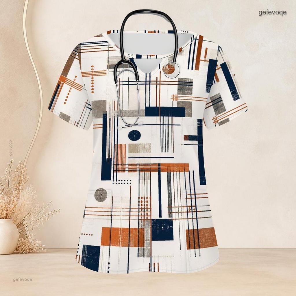 Women Plus Size Geometric Printed Scrub Top Keyhole Neck Short Sleeve With Front Pockets