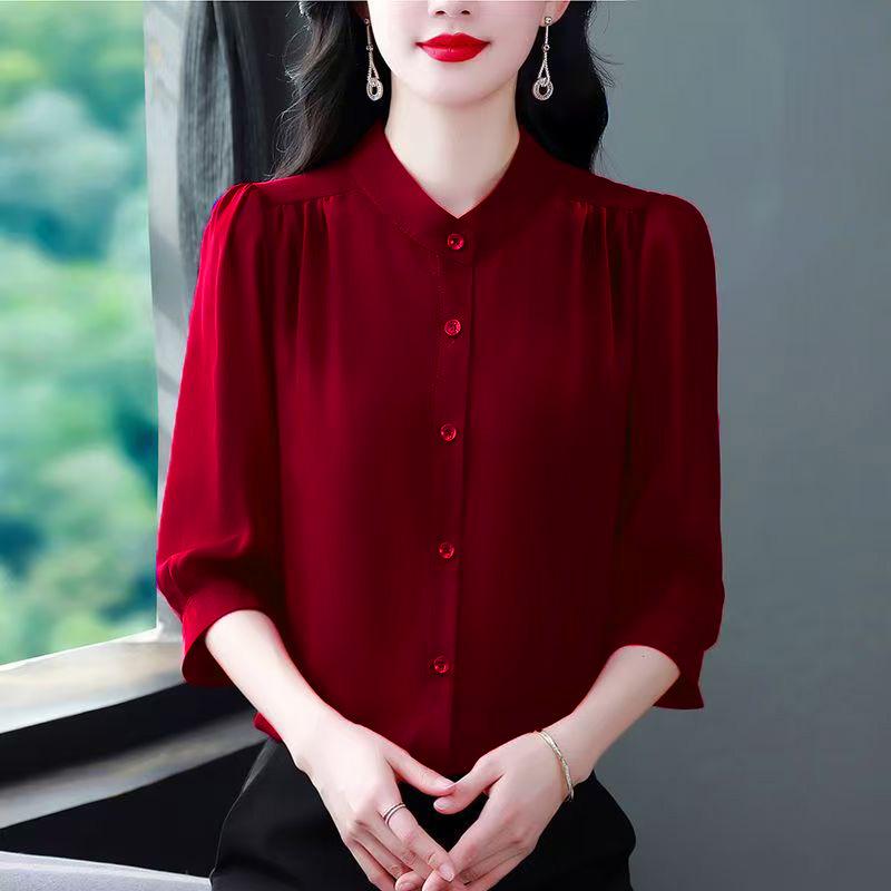Элегантная женская рубашка с рукавом семь восьмых однотонной расцветки - Летне-осенний топ свободного кроя из коллекции для мам
