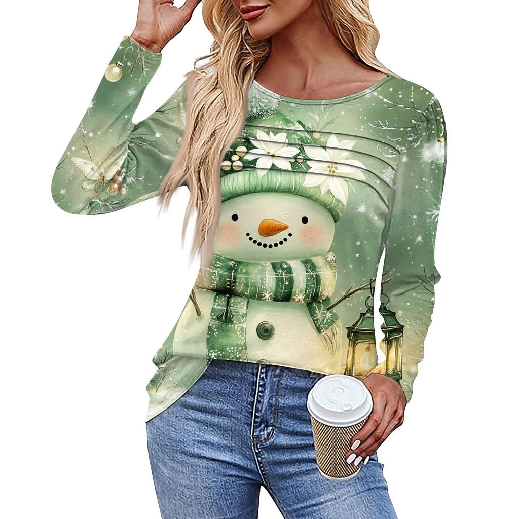 Женская повседневная модная футболка с круглым вырезом и длинными складками на Рождество