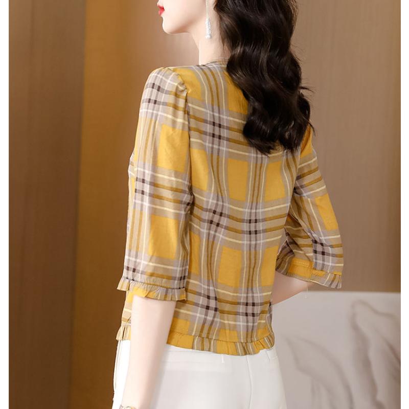 Новая летняя блузка в клетку с рукавом три четверти, женская модная тонкая свободная блузка M-4XL, новинка лета