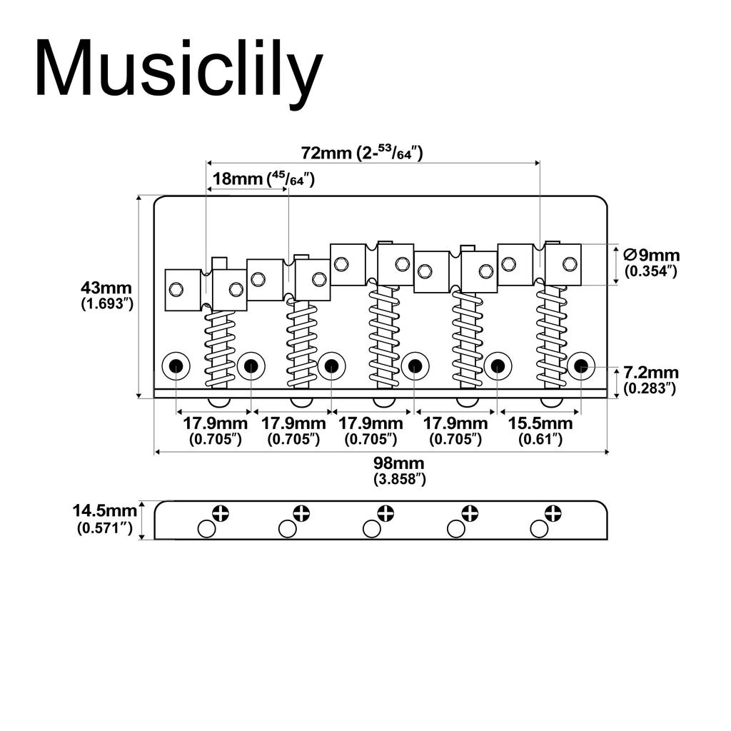 Musiclily Pro 18mm String Pitch Bass Brass Steel Gold 5-String Bridge, Saddles, Plate,