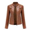 Women's Slim Fit Casual Leather Jacket with Stand Collar - Solid Color Spring/Autumn Outerwear