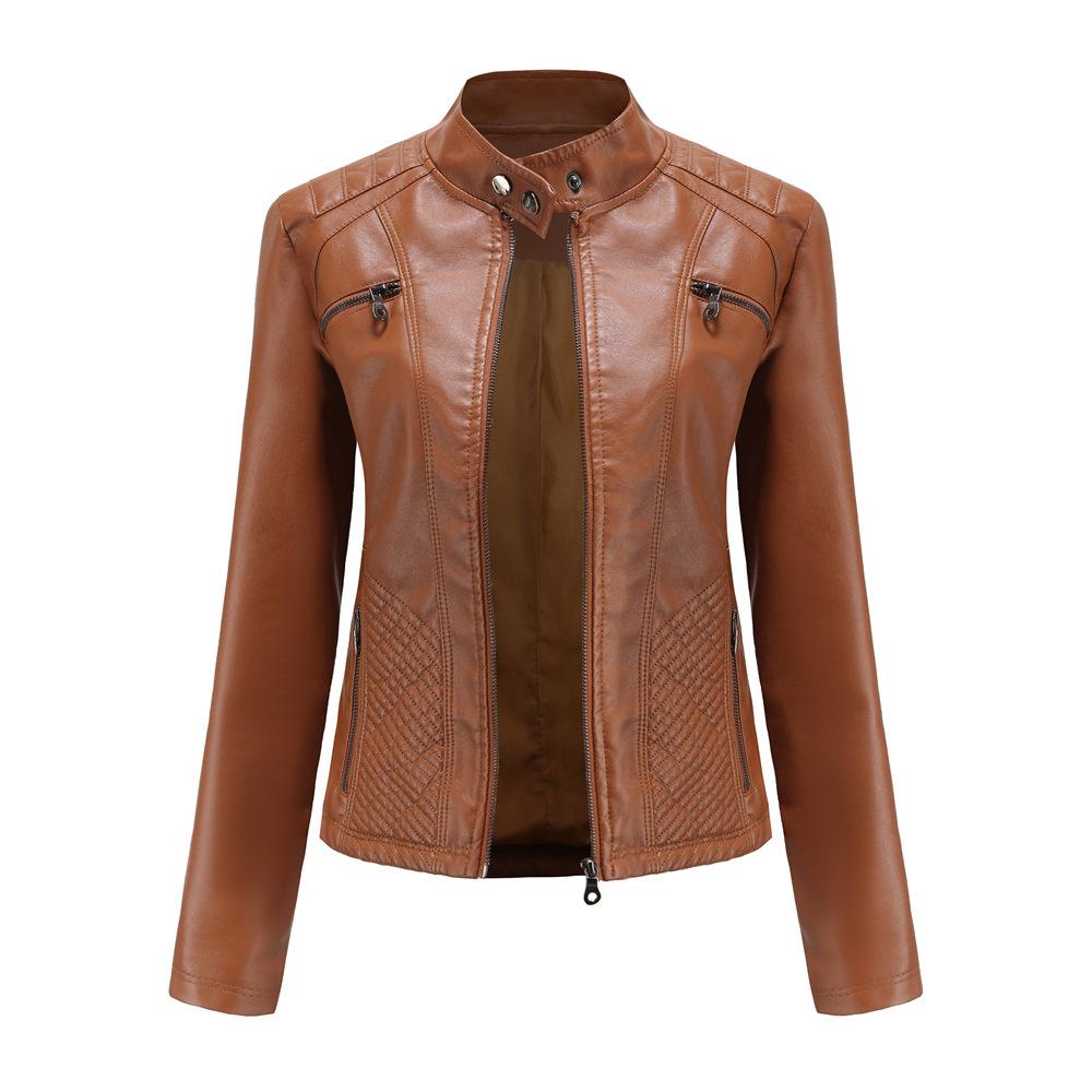 Women's Slim Fit Casual Leather Jacket with Stand Collar - Solid Color Spring/Autumn Outerwear