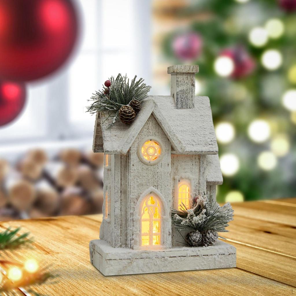 Christmas Snow House Statue Decor with Light, Craft, Wooden Village Figurine,