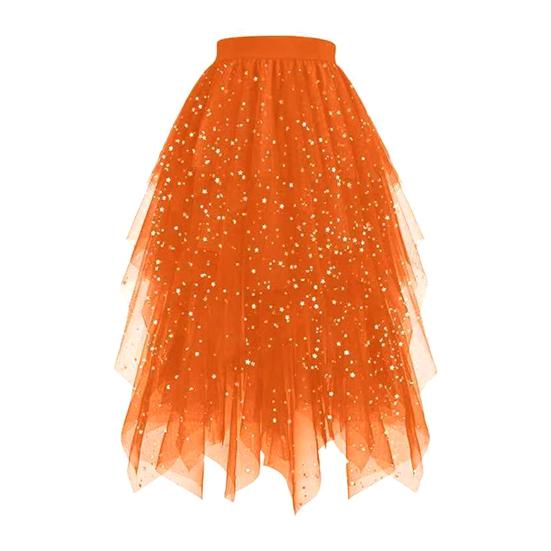 Женская юбка Звездное небо Двухслойная сетка Высокая талия Неровный подол Асимметричный высокий разрез Юбка для вечеринки/выступления