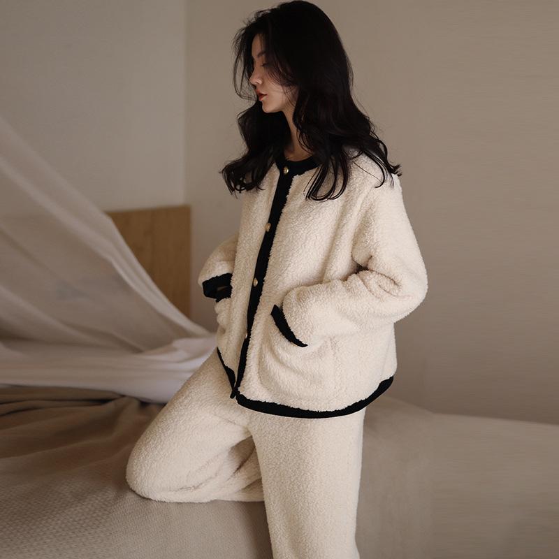 Autumn/Winter Coral Velvet Pajamas for Women Warm Casual Flannel with Velvet Thickened Can Be Worn Outside The Home Suit