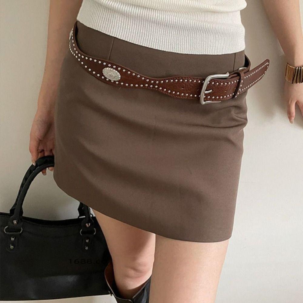 Vintage Women Rivet Belt Maillard Punk Style Belt Adjustable Wide Leather Waistband Men