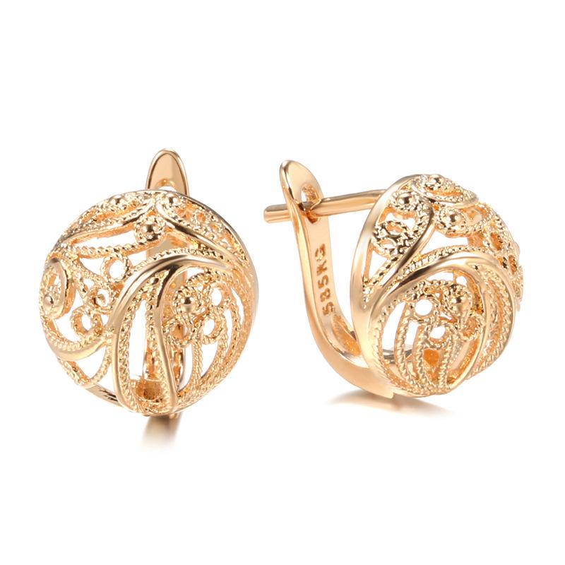 Women's 585 Rose Gold Hollow Carved Hemispherical Earrings: European & American Fashion