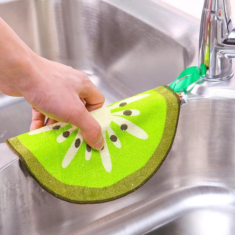 1/4Pc Hangable Fruit Pattern Dish Cloth Kitchen Wipe Hand Towel Microfiber Quick-Dry Water Absorbent Cleaning Rag Household Tool
