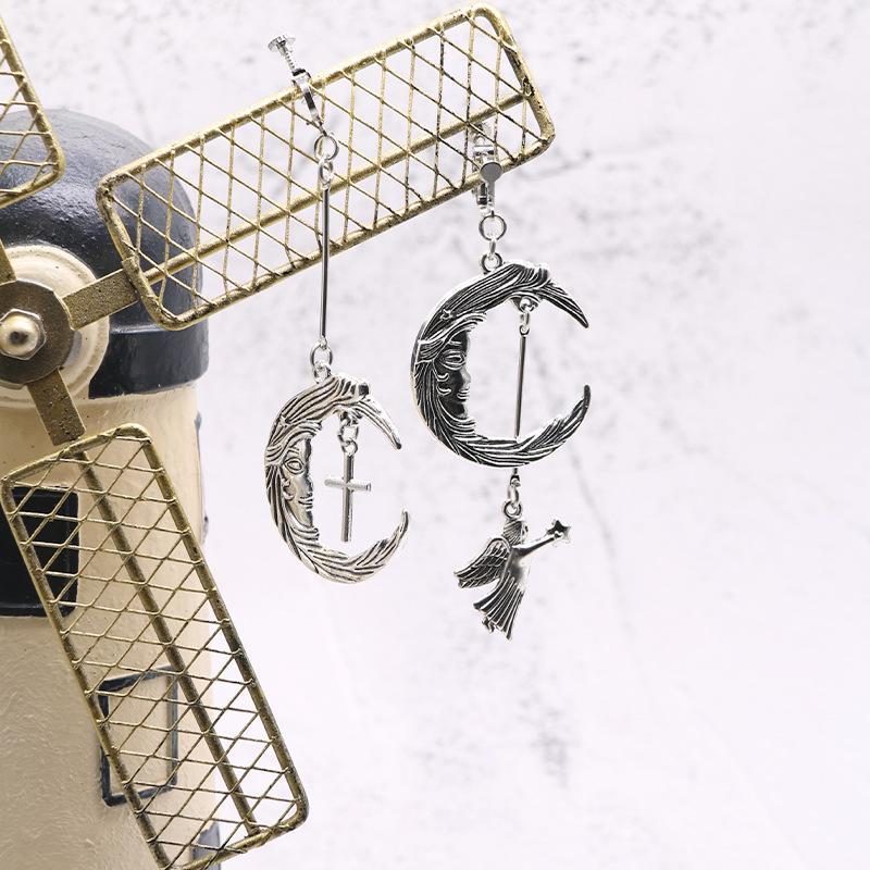 Gothic Punk Retro Moon Angel Cross Clip-On Earrings