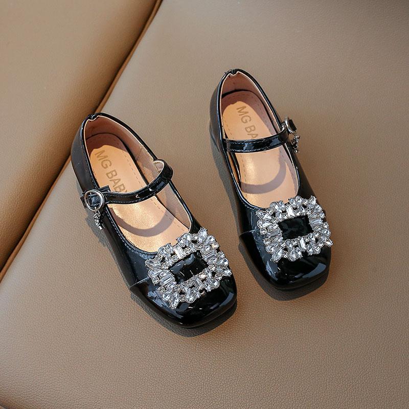 Korean Style Rhinestones Large Buckle Princess Shoes Shallow Mary Janes Hook & Loop Children's Fashion Party Wedding Shoes Flat