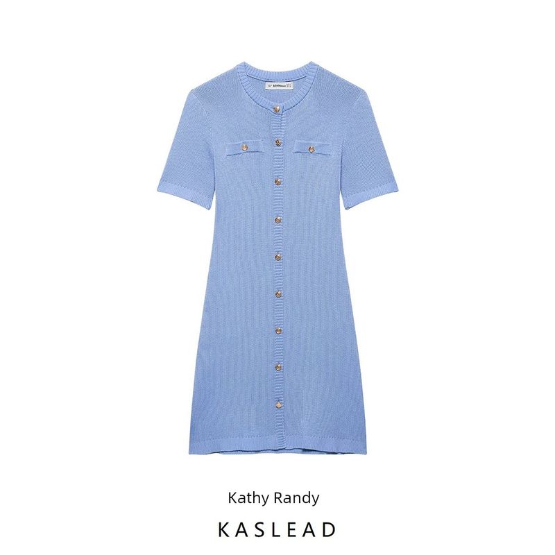 Kaslead New Arrival Women's Clothing Fashion Style Fashion Minimalist Front Button Rib Knitting Dress