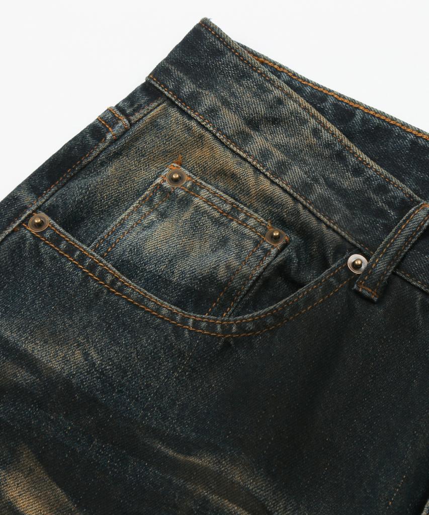 TRILLION Dirty Brush Washed Wide Denim Pants (Deep Green)