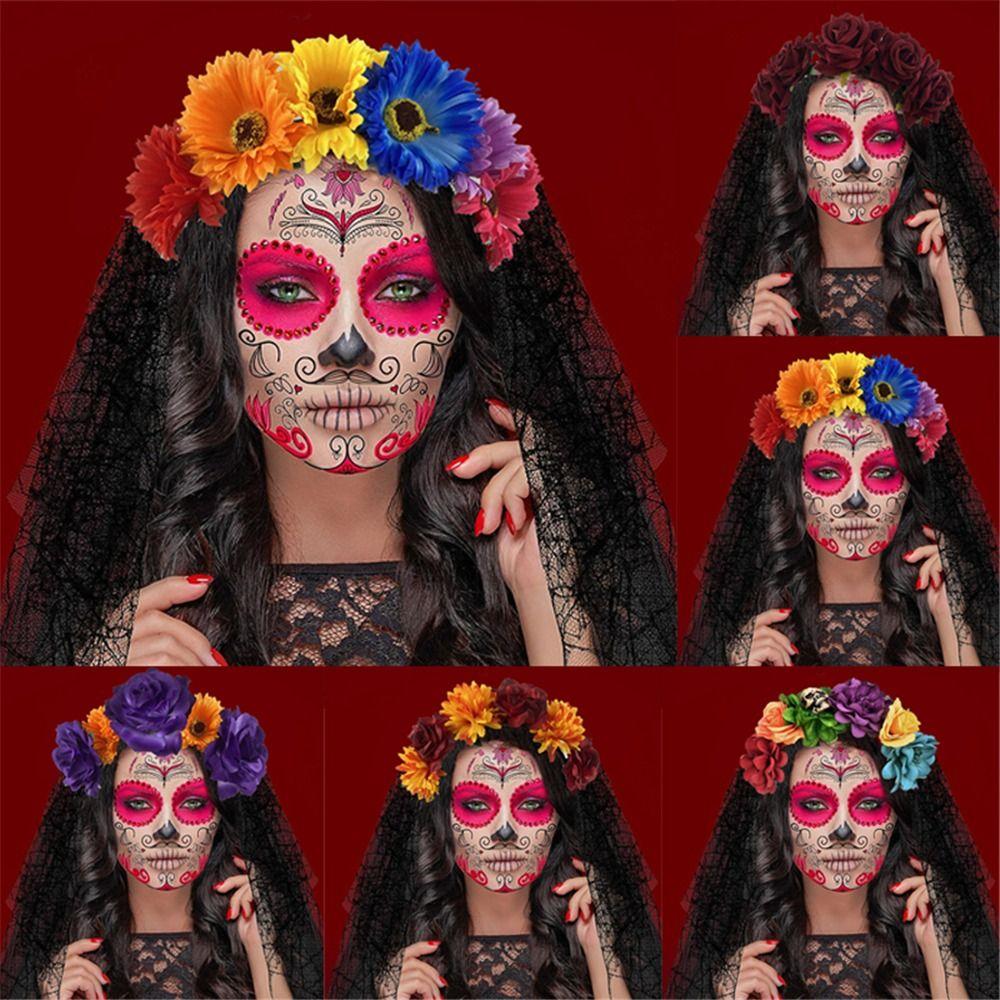 Бохо Хэллоуин Роза Ободок для волос День мертвых Цветочный головной убор для вечеринки, костюма, свадьбы