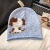New cute cartoon puppy knit puff hat for women, winter ear protection and face-enhancing small big-head band with a beanie