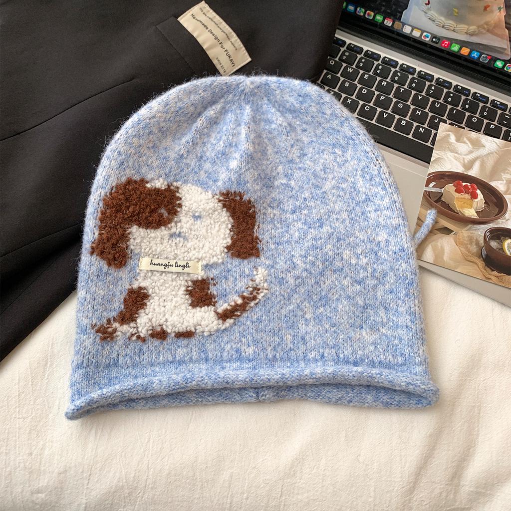 New cute cartoon puppy knit puff hat for women, winter ear protection and face-enhancing small big-head band with a beanie