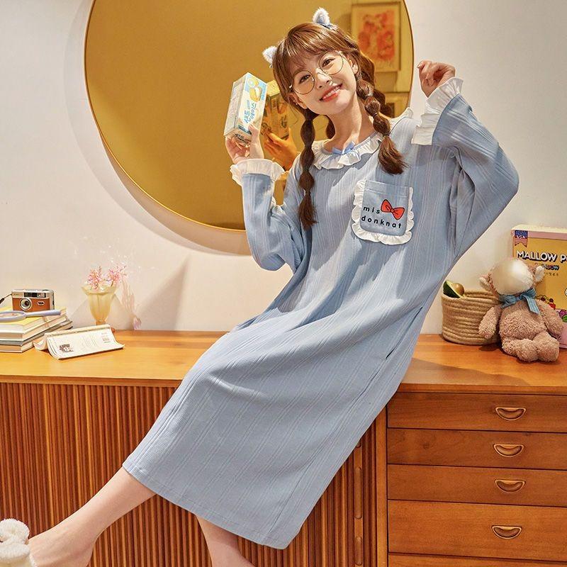 Pajama Dress Women's New Spring and Autumn Princess Style Pure Cotton Long-sleeved Pajama Dress Pajamas Home Wear