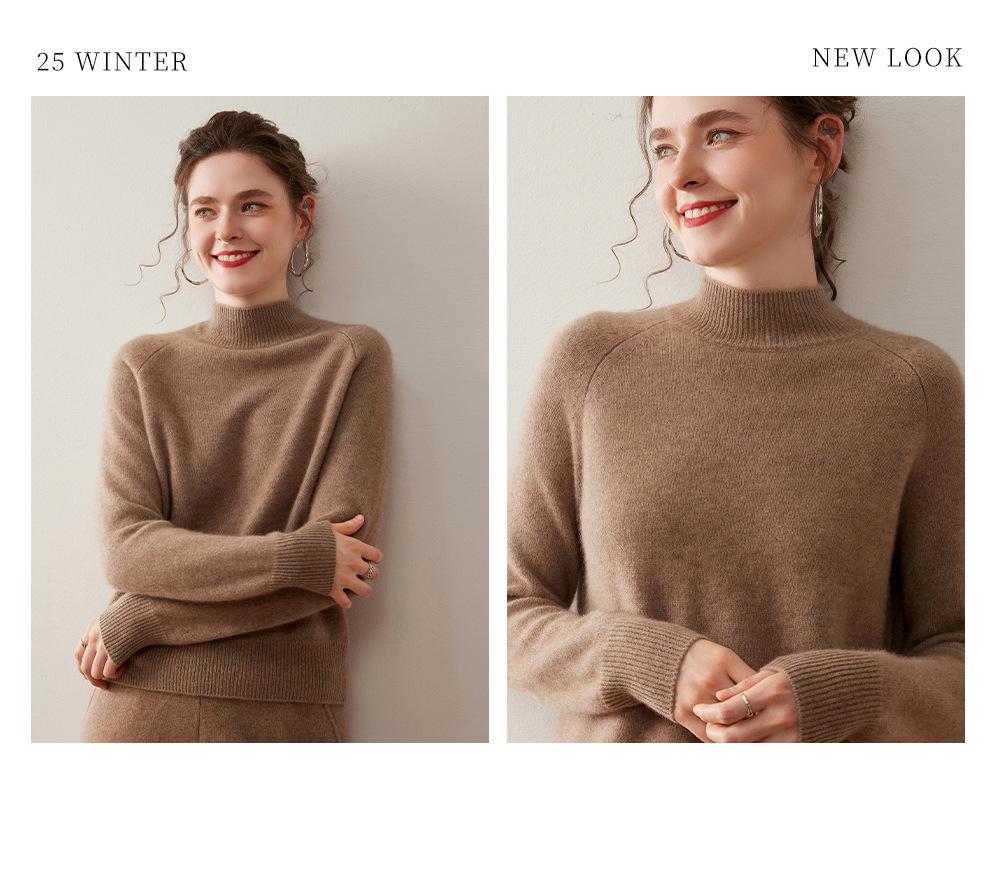 Women's Korean Style Cashmere Sweater: Half-High Collar, Solid Color, Short Raglan Sleeve, Perfect for Autumn and Winter