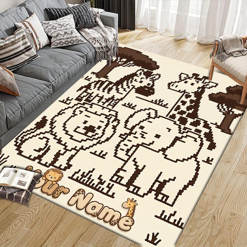 Custom Name,Cute Safari Animal Series Home Sofa Decoration for Living Room & Bedroom, Non‑Slip Play Flannel Floor Mat for Game Room