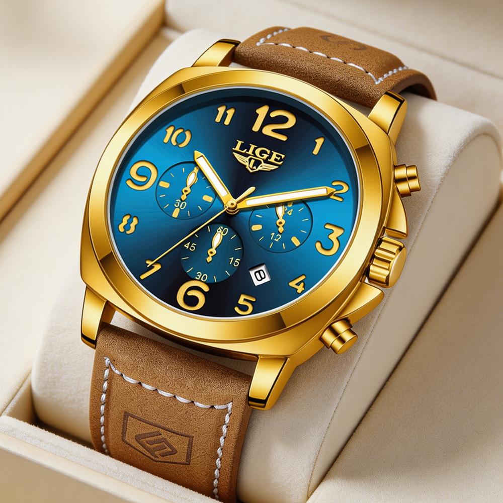 LIGE Luxury Chronograph Waterproof Man Watch Luminous Date Watch for Men Casual Leather Sports Military Men's Quartz Watches+Box