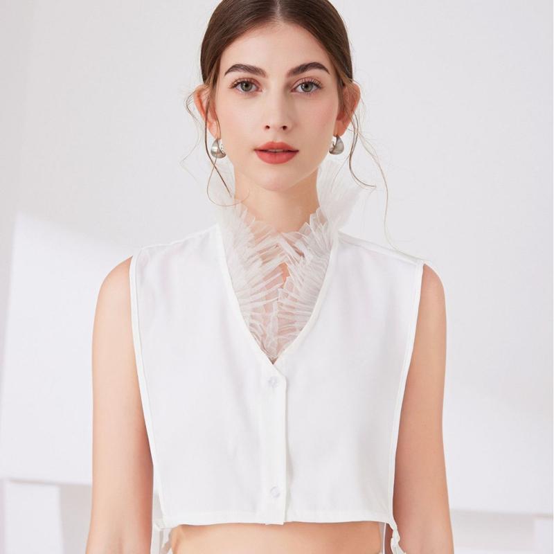 Elegant White Pleated Ruffle High Collar Detachable Sweater Blouse Stand Collar Girls Half Shirt Collar Neckwear Top