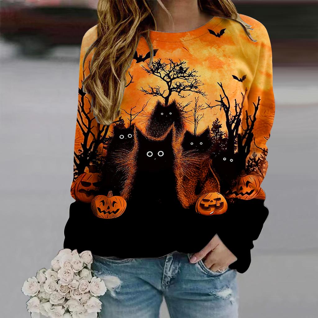 Fall Autumn Women'S Fashion O Neck Long Sleeve T-Shirt Loose Clothes Black Cat Print T Shirt