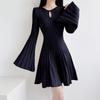 Women's Fashion Autumn Winter Solid Color Print Long Sleeve O-Neck Slim Casual Dresses